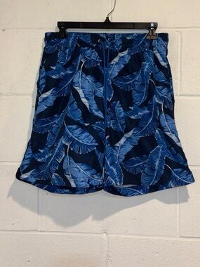 Lands End men’s swim trunks tropical blue floral lined elastic waist size S 30